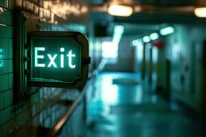 AI generated Exit sign glowing in green. Generative AI photo