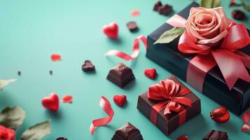 AI generated Valentine gifts in colorful packaging with bows and bright ribbons. Generative AI photo