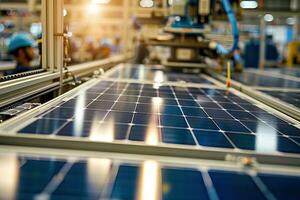 AI generated Solar Panel Production Process on Advanced Factory. Generative AI photo