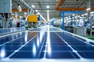 AI generated Solar Panel Production Process on Advanced Factory. Generative AI photo