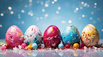 ai generado vistoso Pascua de Resurrección huevos con pintar salpicar. generativo ai foto