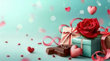 AI generated Valentine gifts in colorful packaging with bows and bright ribbons. Generative AI photo