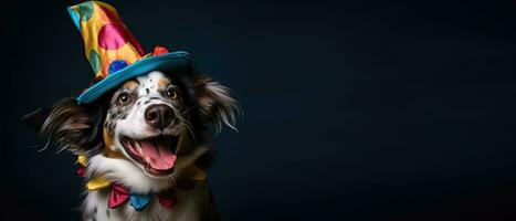 ai generado horizontal bandera, gracioso perro en un payaso sombrero, circo ejecutante, entrenado animal, sitio para texto foto