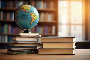 AI generated teachers day, return to school, a stack of books and a globe, a bright home library photo
