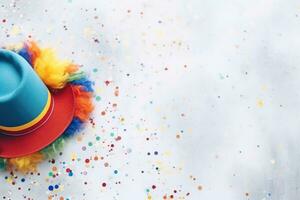 AI generated horizontal banner, clown hat, multicolored wig, confetti, April 1st, April Fools Day, place for text photo