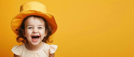 AI generated horizontal bright orange banner, happy child, childrens day, cheerful little girl with curly hair in a hat laughing, place for text photo