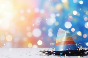 AI generated horizontal banner, festive hat, party decoration, sequins and bokeh, birthday photo