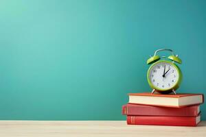 ai generado un horizontal bandera, un apilar de libros y un alarma reloj en un azul fondo, conocimiento día, espalda a colegio foto