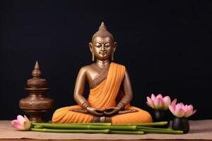 AI generated Mahavir Jayanti, religious festival, sacred deity, bronze Buddha figure, statuette,  lotuses photo