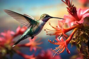 AI generated a beautiful magical picture, a small graceful hummingbird drinking nectar in flight, a tropical flower, a beautiful sunset photo