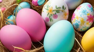 AI generated Easter, painted multicolored eggs in a basket, birds nest, wicker basket, top view photo