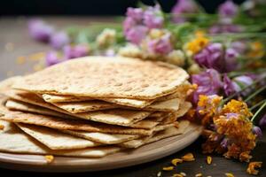 AI generated Passover, a Jewish national dish, traditional matzo cakes and wildflowers photo