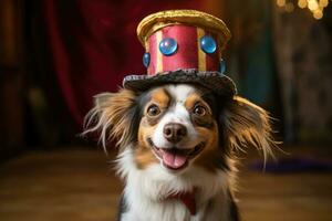 ai generado linda perro en un payaso sombrero, circo ejecutante, entrenado animal, sonriente mascota foto