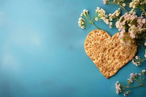 AI generated horizontal banner, Passover, traditional Jewish food, Jewish matzo cakes in the shape of a heart, wildflowers, place for text photo