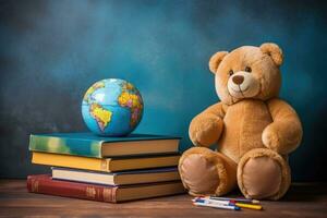 AI generated International Childrens Book Day, stack of books, globe and teddy bear, teachers Day, back to school photo