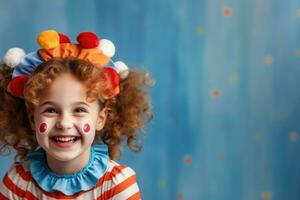 ai generado gracioso Pelirrojo pelo rizado chica, abril tonto, contento niño, circo ejecutante, para niños día, grande sonrisa y la risa foto