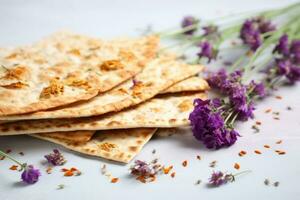 AI generated Passover, Jewish matzo cakes, traditional Jewish food, wildflowers photo