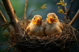 AI generated International Bird Day, small chicks in a nest, a straw nest on a branch, wild birds photo