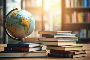 AI generated a stack of books and a globe, teachers day, knowledge day, return to school, bright home library photo