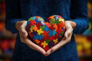 ai generado mundo autismo conciencia día, corazón en mano, en forma de corazon figurilla hecho de multicolor rompecabezas piezas foto