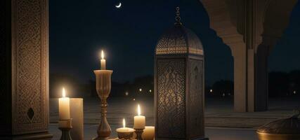 AI generated horizontal banner, holy month of Ramadan, fanus lantern, candles, night in the mosque photo