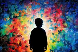 AI generated World Autism Awareness Day, the silhouette of a child against the background of a multi-colored puzzle piece photo