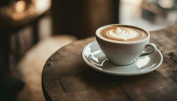 AI generated Latte with artful foam on a wooden table photo