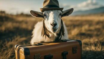 ai generado cabra vistiendo un sombrero, con un maleta en un campo foto