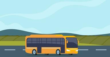 Traveling by bus. Tourist buses drive along road towards trip adventure. Travel agency commercial advertising, summer vacation tourism background. Vector illustration.