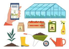 Different farm elements. Greenhouse, fertilizers, tractor, cart. Smart farming. Smartphone with app for control plants growing. Vector illustration.