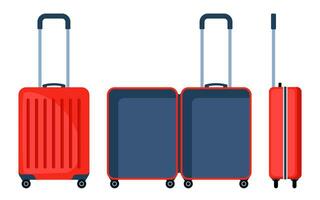 Empty open suitcase, travel concept. Empty and closed modern wheeled suitcase ready for packing. Front and side view. Preparing for the trip. Vector illustration.