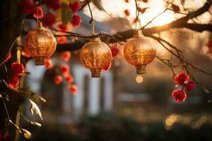 AI generated A serene scene of Chinese New Year with red lanterns, adorned with gold patterns and red tassels, hanging from a tree branch. photo