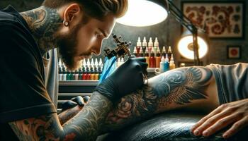 AI generated Photo capturing the process of a skilled tattoo artist creating a masterpiece on a client's skin, set in a professional tattoo studio.