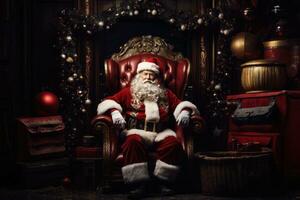 AI generated Santa Claus in red suit and white beard sits on red leather throne, surrounded by Christmas ornaments and gifts. photo