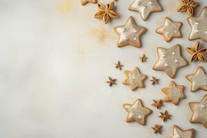 AI generated Christmas background with gingerbread cookies and gold dust on a light background. photo