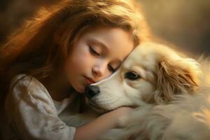 AI generated Little girl with curly hair, lovingly hugging a small puppy. Under a warm golden light, casting a cozy atmosphere. photo