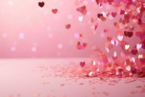 AI generated A playful and vibrant image of heart-shaped confetti scattered across a soft pink background. The hearts are in various shades of red and pink. photo