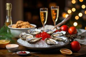 AI generated Fresh oysters on ice, adorned with Christmas decorations, set on an elegantly decorated holiday table photo