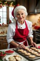 ai generado Señora. claus en un calurosamente iluminado cocina, vistiendo un rojo y blanco delantal, y tomando recién horneado galletas fuera de el horno. el cocina es decorado con acebo y otro festivo decoraciones foto