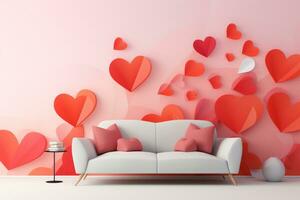 AI generated Minimalist living room againtst modern and stylish Valentine's Day wallpaper design featuring an abstract pattern of hearts in shades of red and pink. photo