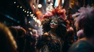 ai generado un persona vistiendo un reluciente carnaval mascarilla, medio cara visible, capturar el emoción y seducir de el carnaval, foto