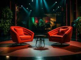 AI generated A TV studio set ready for an interview, elegant chairs and backdrop, professional lighting highlighting the set. photo