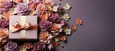 AI generated Valentin's day gift box wrapped in gold and pink paper, placed on a pile of colorful artificial flowers, against a pastel gradient background with copy space. photo
