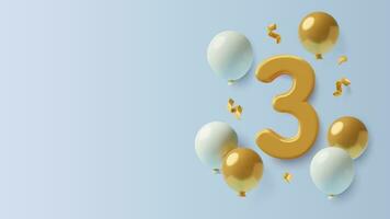 3D number 3 with white and gold balloons on blue background birthday banner with copy space vector