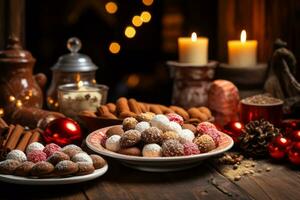 AI generated Close-up photo of traditional Saint Nicholas Day treats like gingerbread and marzipan, arranged festively on a wooden table, warm and homely ambiance