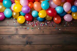AI generated Flat lay of wooden planks with copy space surrounded by colorful party balloons, candy and confetti photo