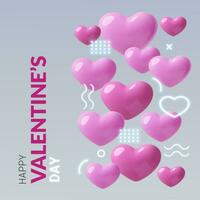 Valentine's Day abstract square card or flyer with 3D realistic pink hearts and neon geometric shape vector