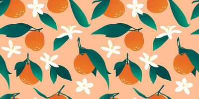 Mandarins with leaves and flowers on a peach fuzz background. Citrus fruit. Modern seamless pattern for fabric, paper, decoration. vector