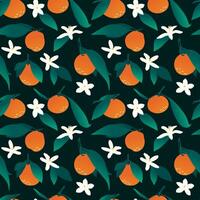 Mandarins with leaves and flowers on a dark green background. Citrus fruit. Modern seamless pattern for fabric, paper, decoration. vector