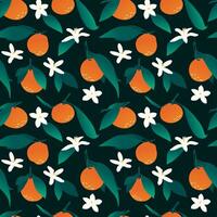 Mandarins with leaves and flowers on a dark green background. Citrus fruit. Modern seamless pattern for fabric, paper, decoration. vector